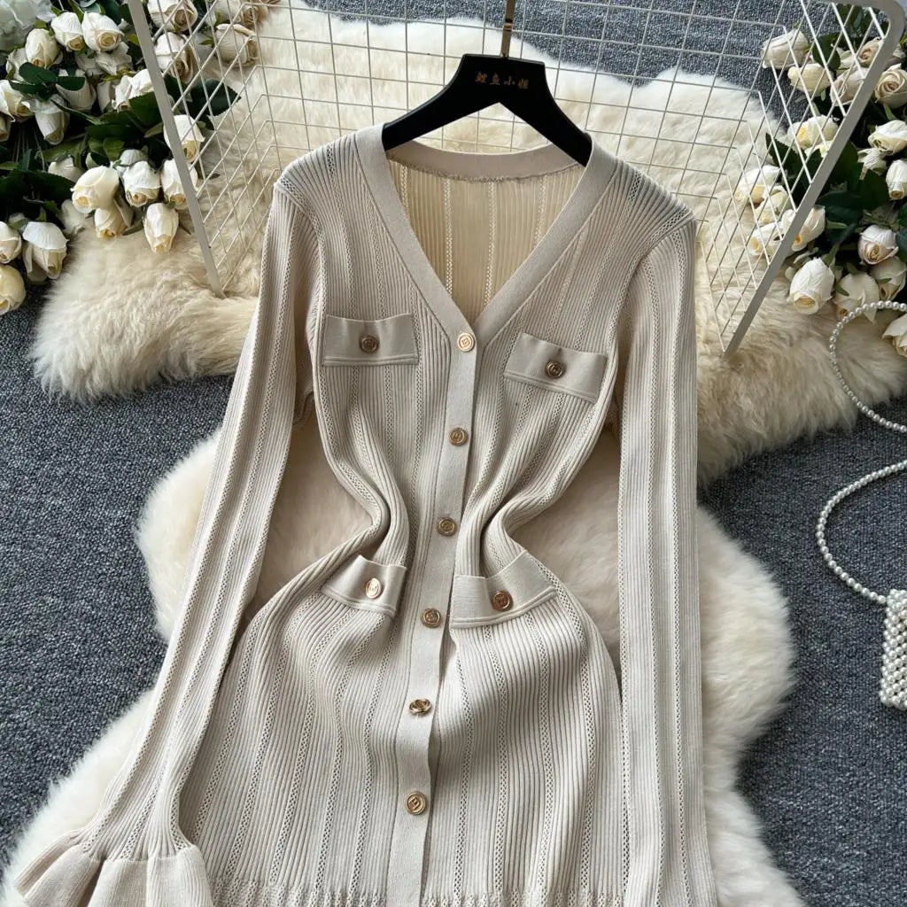 Elegant Women Solid Knitted Dresses Autumn V-Neck Single Breasted Chic Flared Sleeve Ruffles Hem Casual Female Slim Office Robes