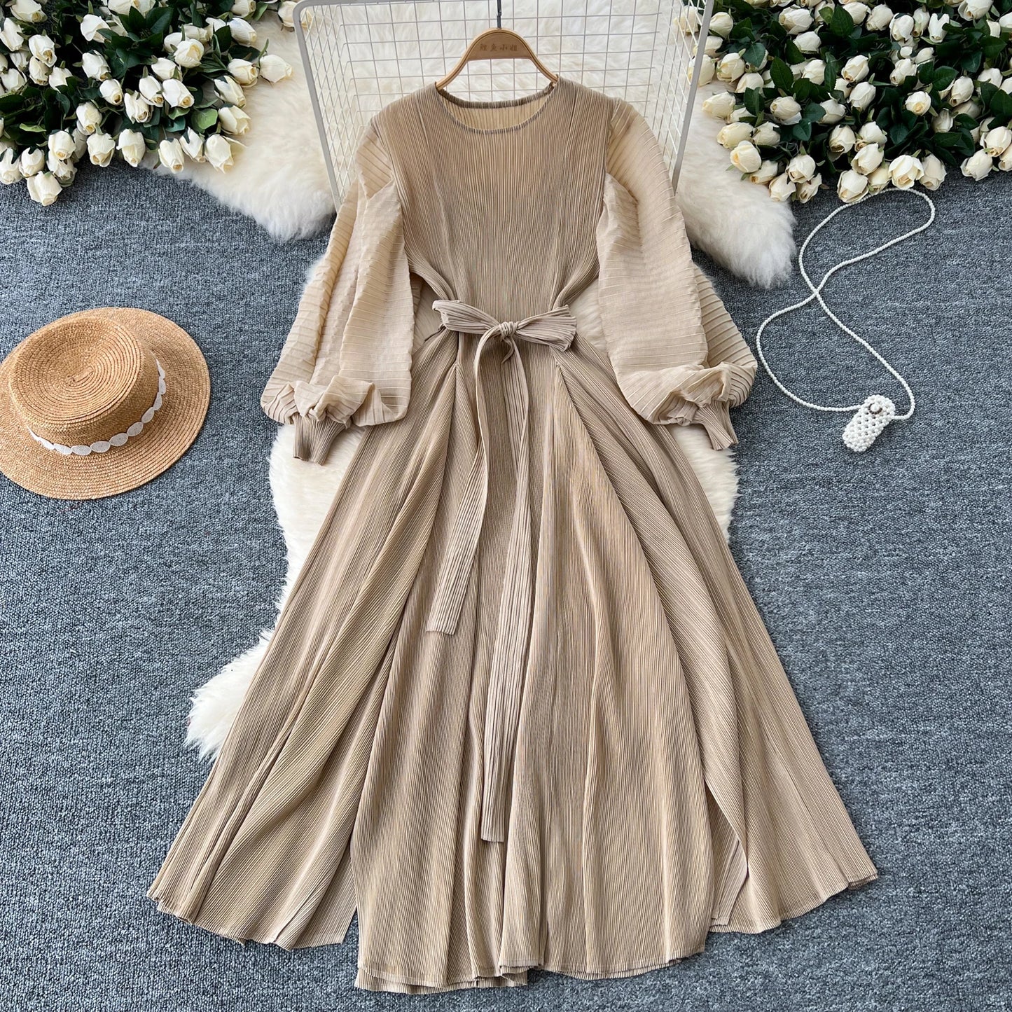 Vintage Elegant Lantern Sleeve Sweet Pleated Dress Women Basics Fashion Summer Spring Dresse