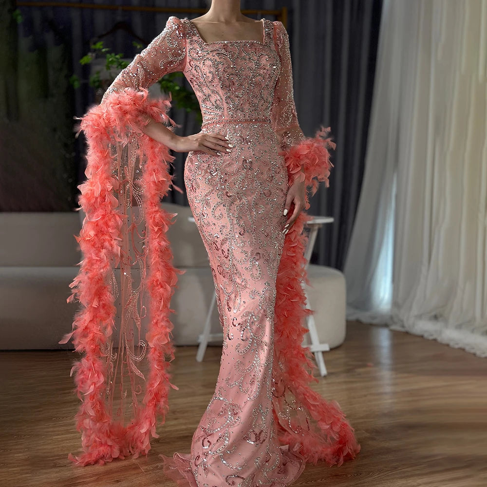 Serene Hill Flared Sleeves Mermaid Peach Beaded Feather Luxury Evening Dresses Gowns For Women's Party 2024 LA72767