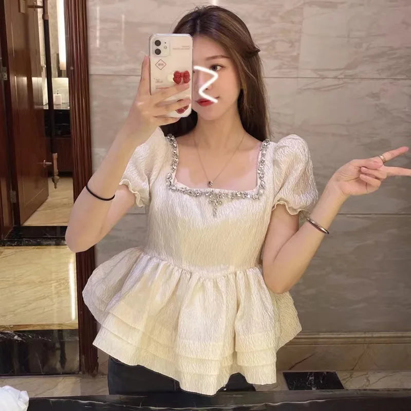 Luxury Diamond Square Neck Bubble Sleeves Wrapped Waist Chiffon Shirt Top Women's Summer Ruffle Edge Pleated Short sleeved Tops