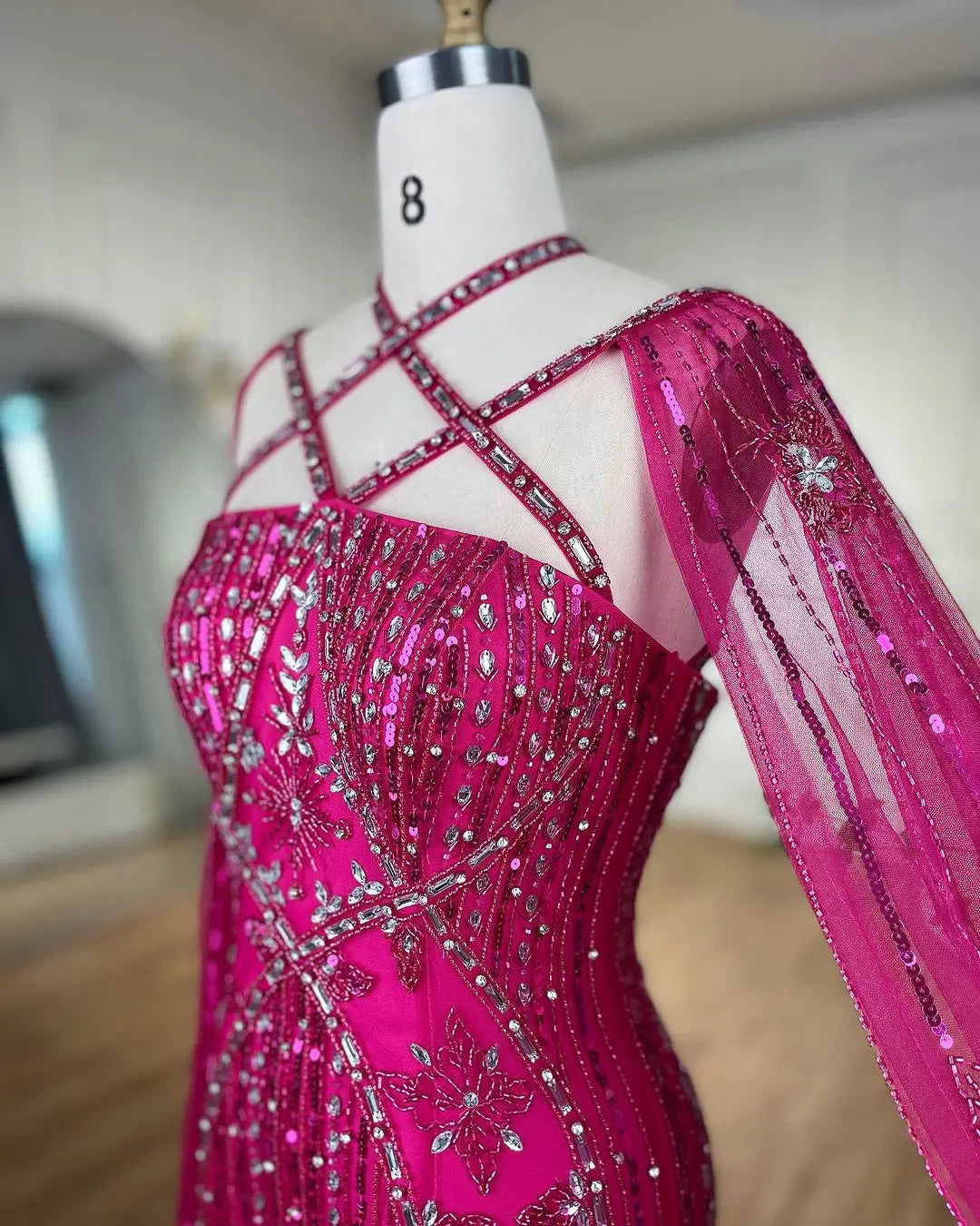SERENE HILL Arabic Caramel Mermaid Elegant Cape Sleeves Beaded Luxury Evening Dresses 2024 Formal Gown For Women Party GLA71905A