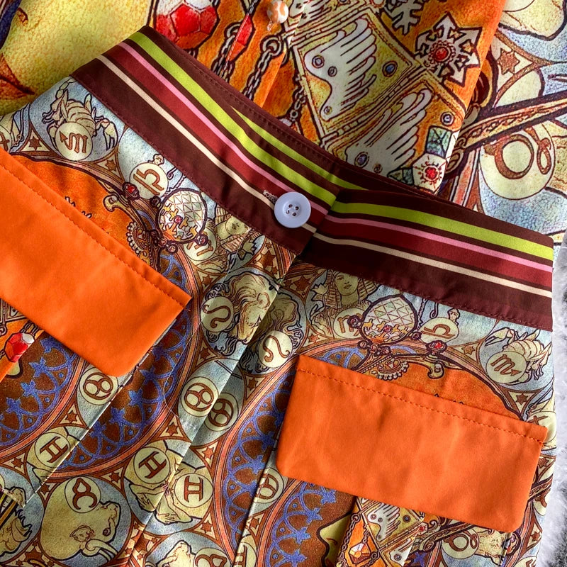 Women Printed Two Piece Set Retro Chic Spring Fragmented Flower Shorts+Long Sleeve Shirt Top Elegant Suits Spring Summer Outfits