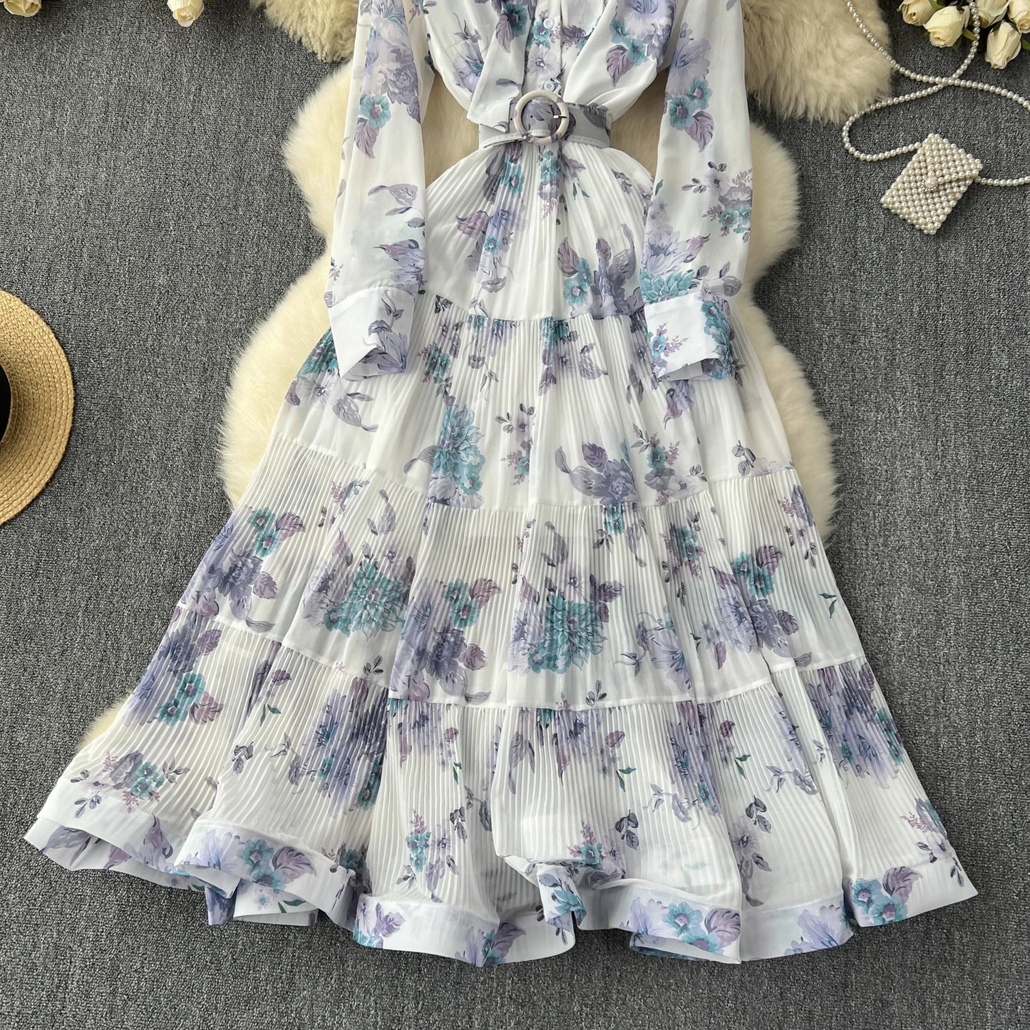 French Vintage Ruffle Lace-up Bow Puff Sleeves Long Sleeves Dress korean fashion Casual Women Fashion summer dresses
