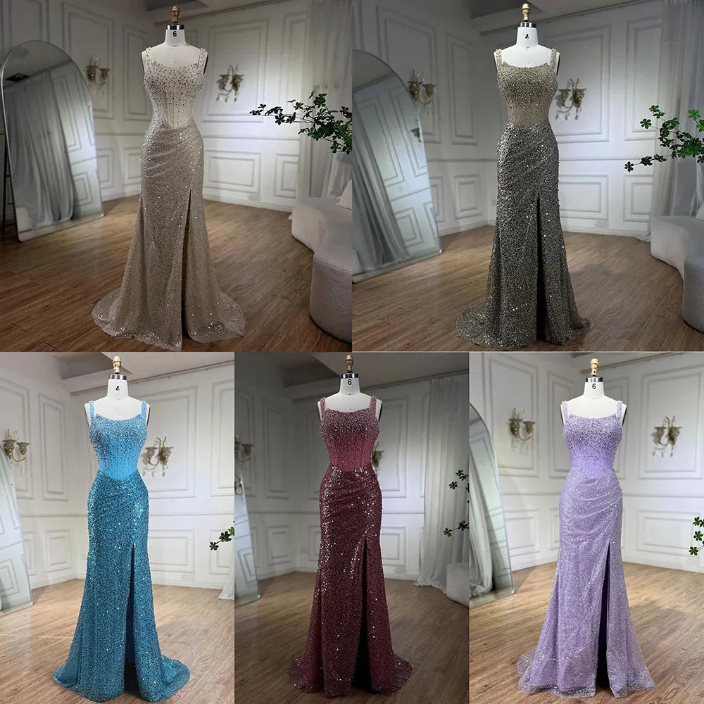 Serene Hill Beige Mermaid Floor Length Evening Gowns Luxury Beaded Crystal Spaghetti Strap Party Drsses For Women 2024 LA72163