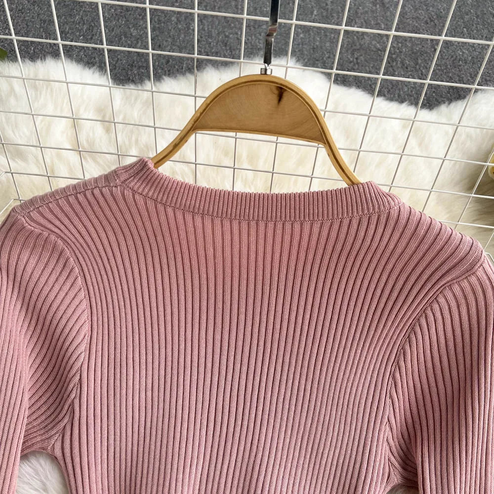 Women Elegant Chic Long Sleeve Sexy Slim Bodycon Dress Vintage Korean Fashion Knit Tight Vestido Autumn Winter Sweater Robe