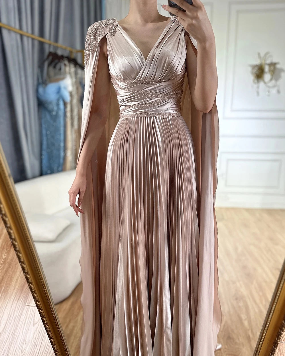 Serene Hill 2024 Nude Beaded Satin A-Line Saudi Arabic Evening Dress Gown with Cape Sleeves for Formal Occasion GLA72663