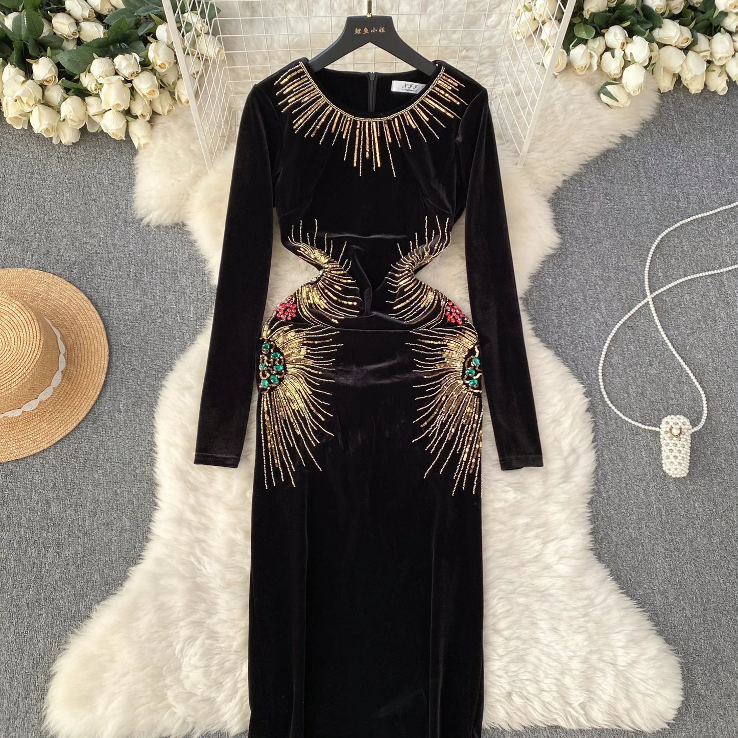 Chic Elegant Long Sleeve O Neck Rhine Stone Sequin Velvet Dress Sexy Vestidos High Waist Women Autumn Ceremonial Dress