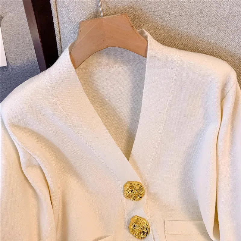 Vintage Trendy V-neck Cardigan for Spring and Autumn New Women Long Sleeve Sweater Jacket Elegant Chic Knitted Thin Coat Female