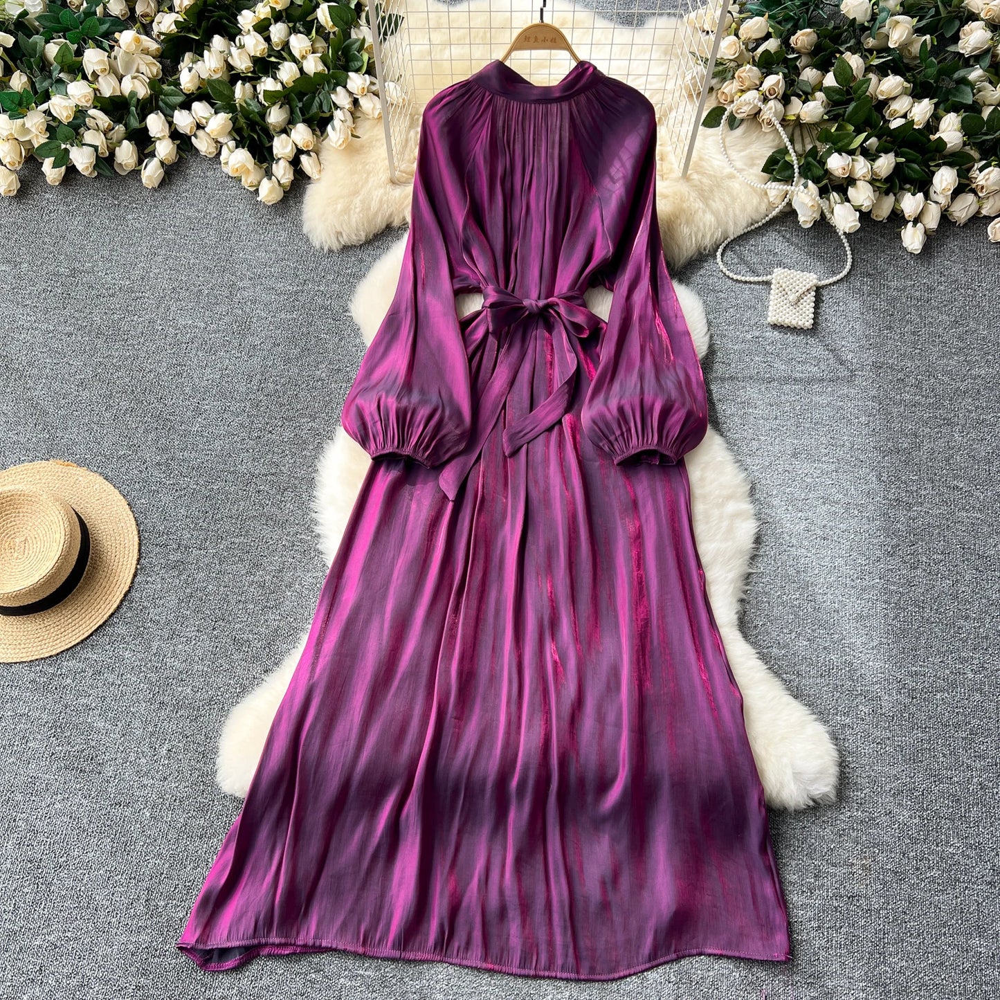 French Vintage Pleated lool sleeve print Lace-up Bow sweet Dress Casual Women Fashion summer dresses