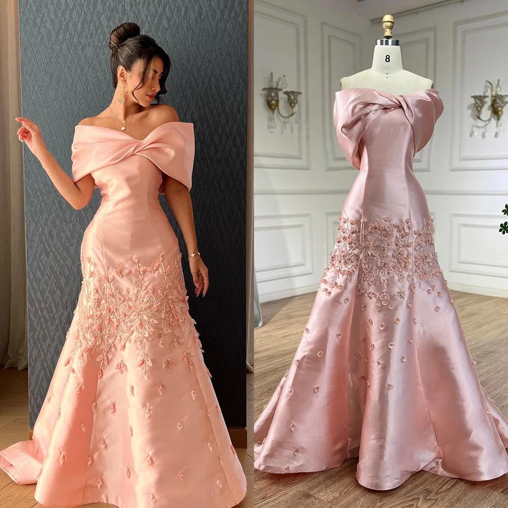 Serene Hill 2024 Luxury Saudi Arabia Off Shoulder Mermaid Peach Satin Luxury Women Evening Dress For Formal Occasions GLA72483
