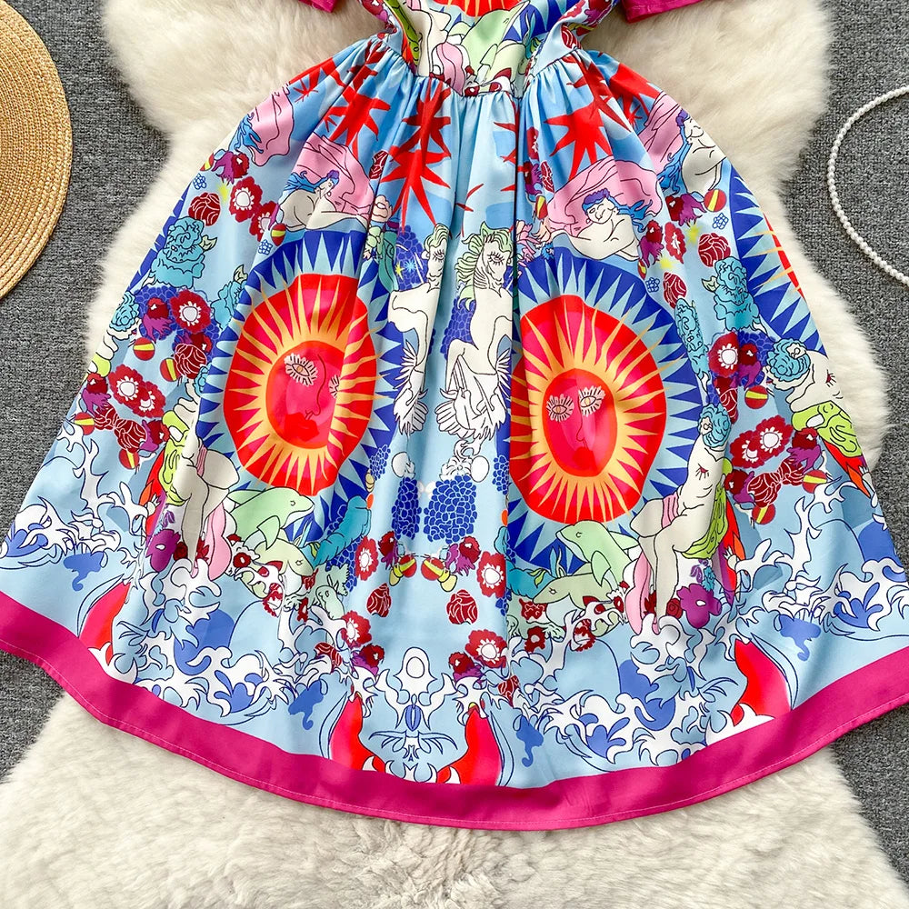 Fashion Vintage Print Summer Dresses For Women 2024 Round Neck Short Sleeve Mini Dress Elegant Party Dresses Womens Clothing