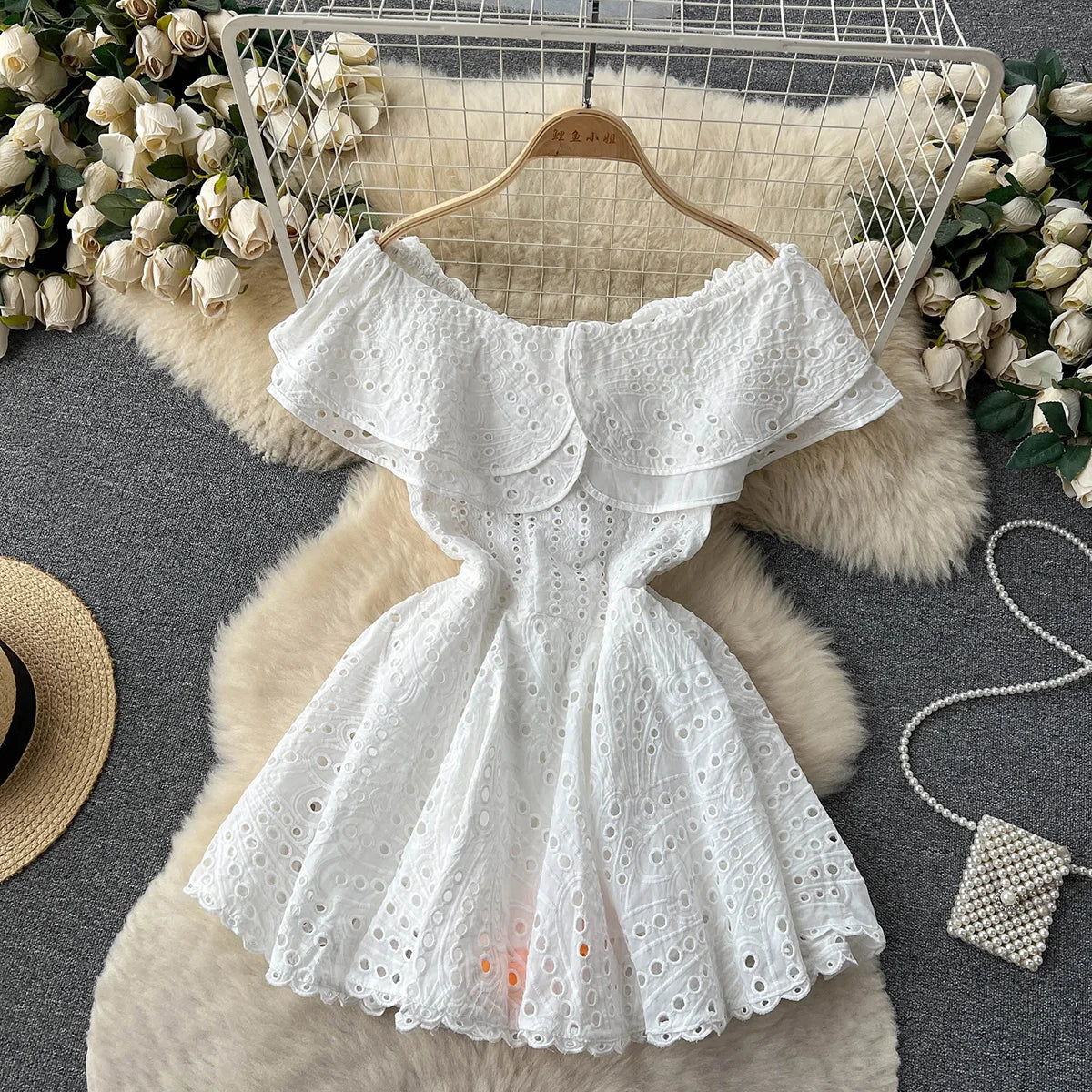 Summer Clothes For Women Ruffle Cutwork Embroidery Dress 2023 Party Sexy Off Shoulder Dress Vacation Mini Beach Dress Sundress
