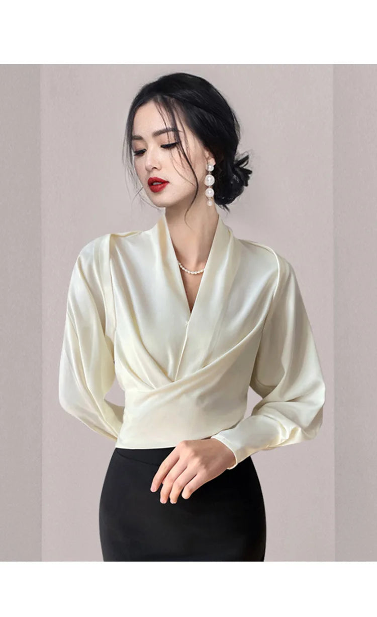 Autumn New Women's Long sleeved V-neck Shirt Top Short French Elegant Temperament Satin Effect Slimming Shirt Blouse