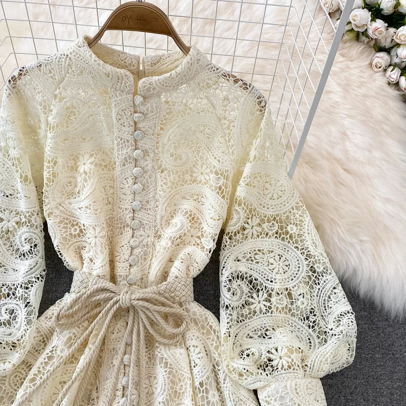 Vintage Court Style Lace Dress Women Elegant Hollowed Out Lantern Long Sleeve Slim Party Dresses Ladies Beige Black Long Robe