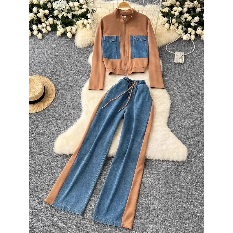 Fashion Two Piece Set Women Autumn Casual Sports Versatile Stand Up Collar Zipper Long Sleeved Top Jacket + Denim Patchwork Pant