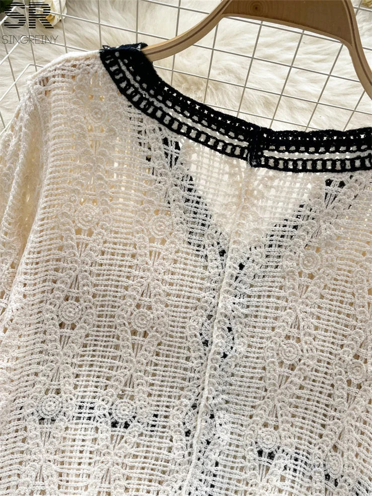 SINGREINY Autumn Color Block Knitting Cardigan Women V Neck Long Sleeve Single Breasted Design Hook Flower Hollow Basics Coat