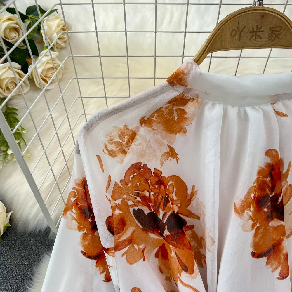 Elegant Casual Women Fashion Floral Print Long Dress Vintage Pleated A-Line Maxi Boho Beach Party Robe Female Clothes Mujers