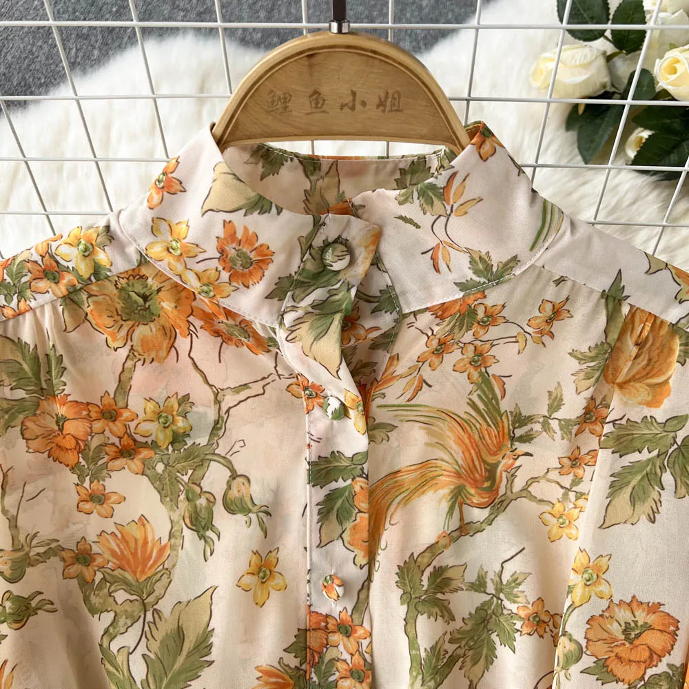 Elegant Party Dresses For Women Stand Collar Vintage Floral Print Dress Long Sleeve Holiday Beach Chiffon Mini Dress With Belt