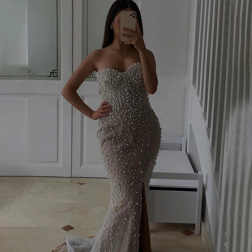 Serene Hill 2024 Arabic White Nude Mermaid Gown Pearls Beading High Split Luxury Dubai Evening Dress for Women's Party LA72544