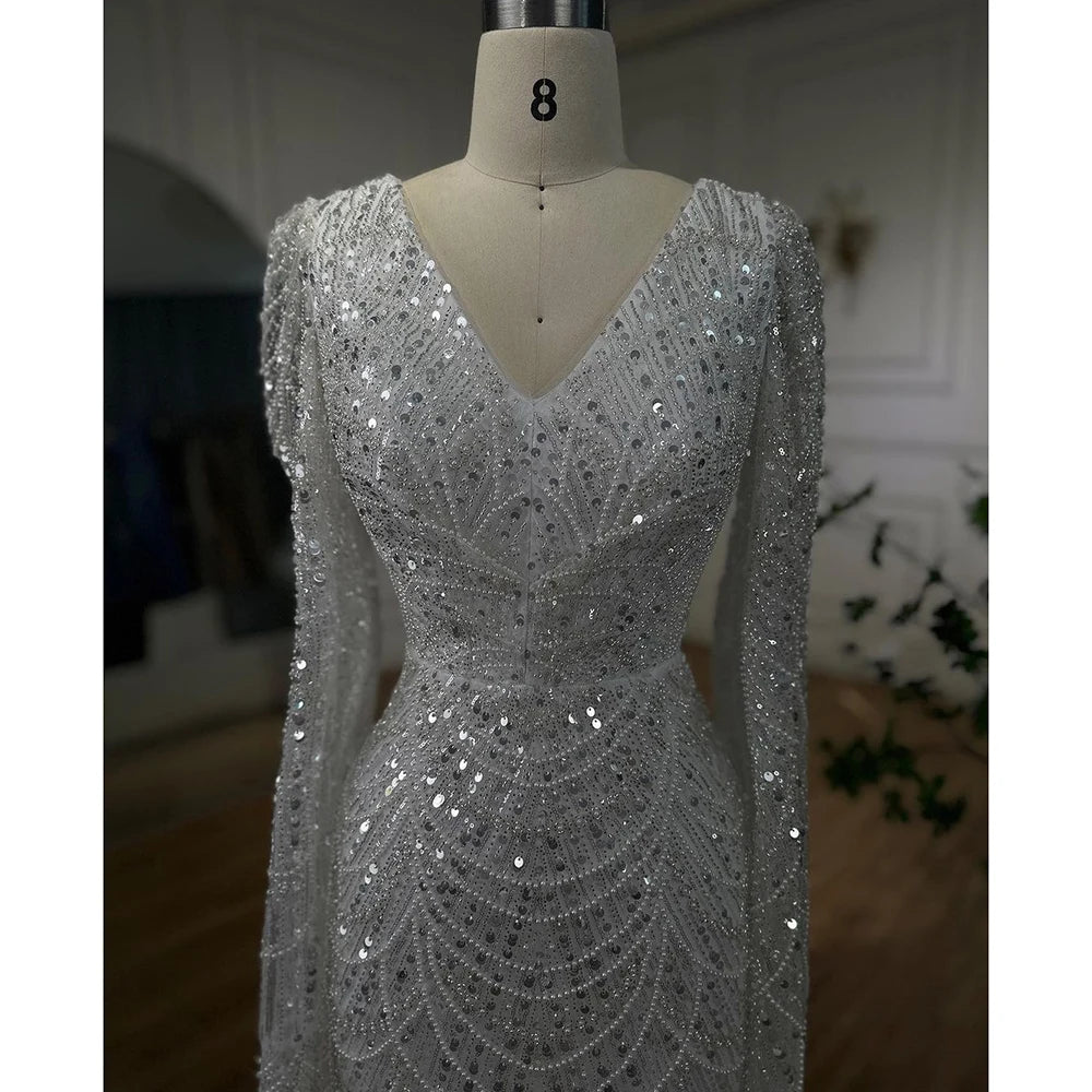 Serene Hill Arabic White Luxury Pearls Beaded Mermaid Cape Sleeves Evening Gowns 2024 For Women Wedding Party LA72160