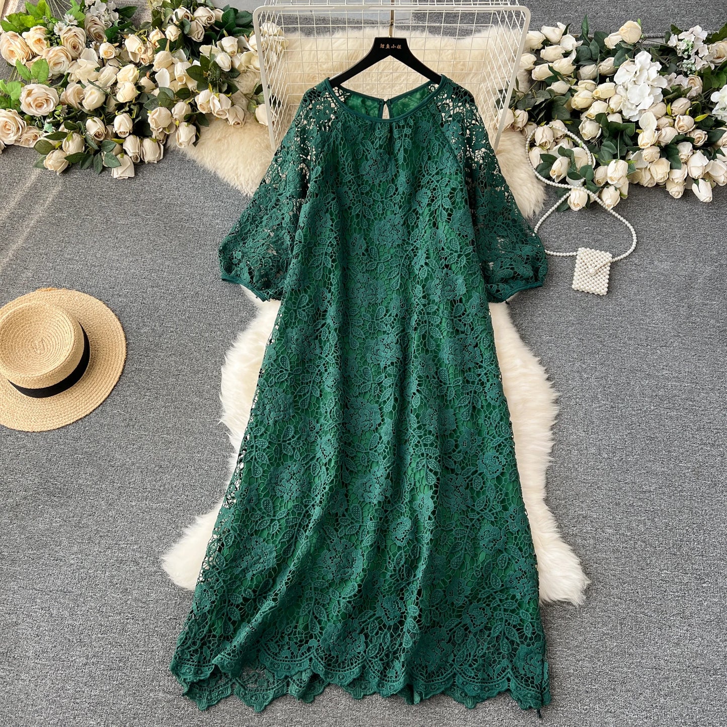Chic Long Sleeve O Neck Lace Hook Flower Hollow Loose Dress Chiffon A-line Casual Dresses Fashion Women Elegant Vestidos