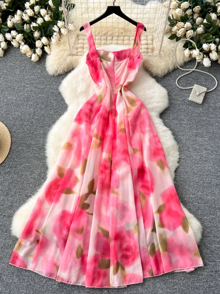 French Elegant Beach Dress Women Rose Print High Waist Chiffon Dresses Ladies Sleeveless Slim A-line Boho Long Robe Vestidos