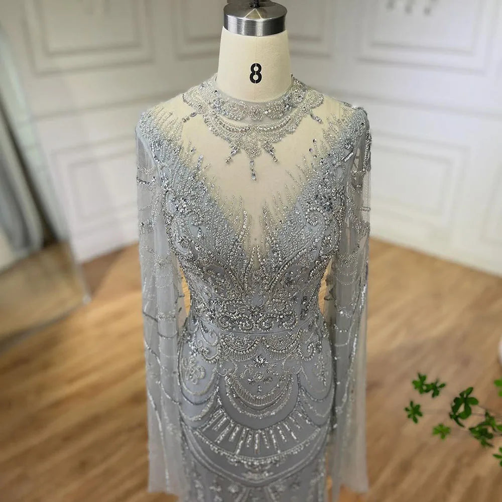 Serene Hill Dubai Gray Elegant Mermaid Beaded Lace Arabic Luxury Evening Dresses Gowns 2024 for Women Wedding Party LA72517