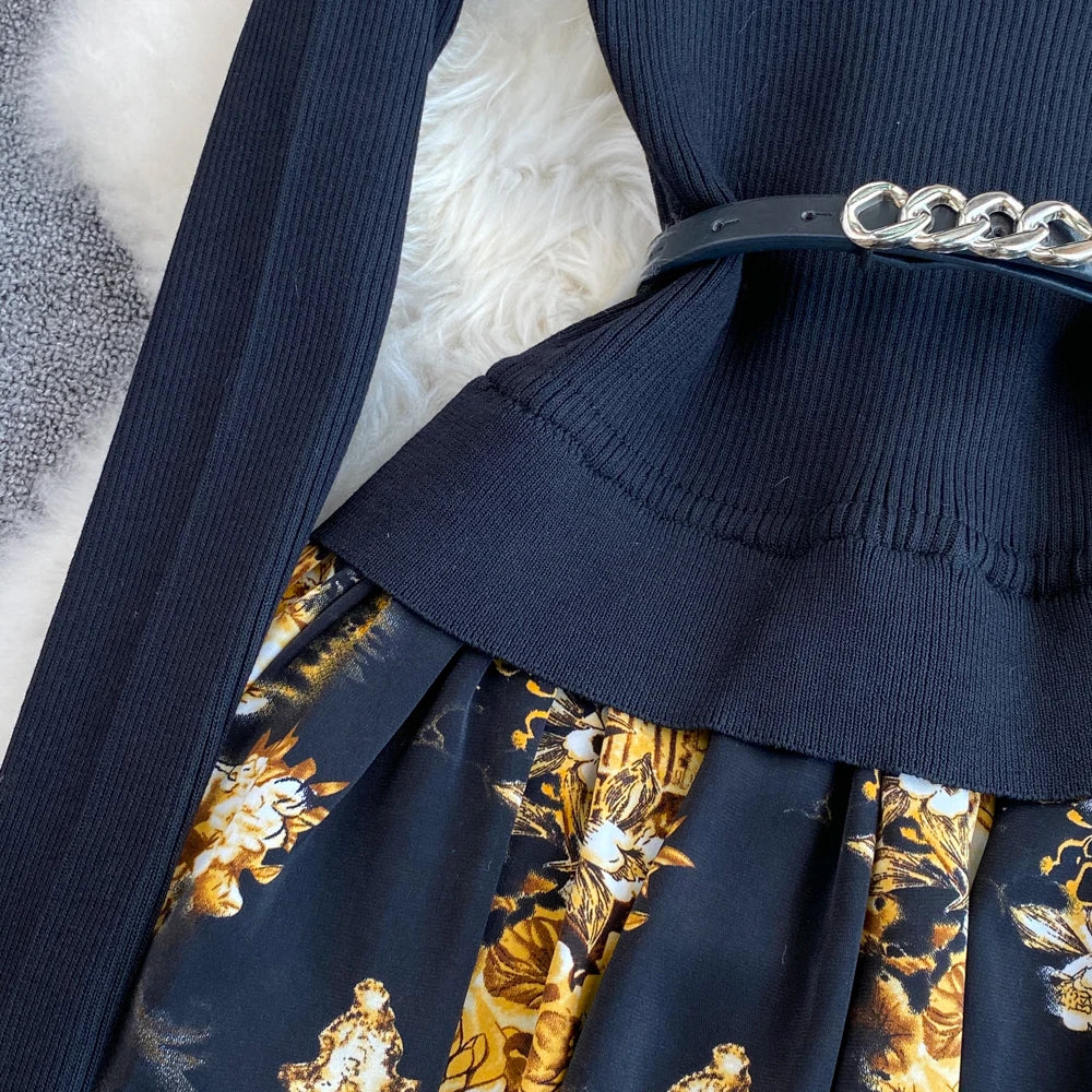 Women Chic Long Sleeve Stand Collar Patchwork A-line Dress Vintage Korean Fashion Knit Vestido Elegant Autumn Winter Knitwear