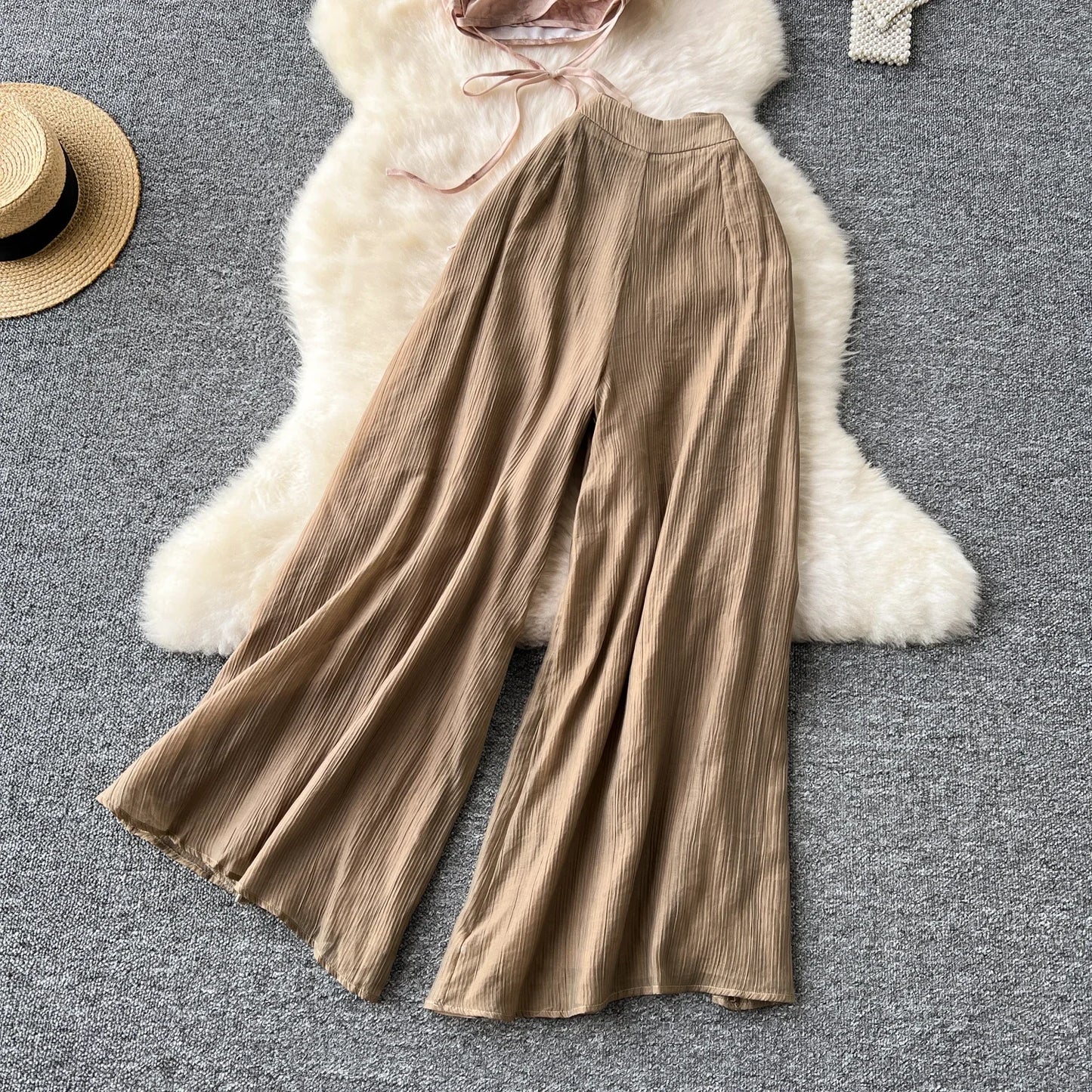 Women Vintage Two Pieces Skirt Sets Women sleeveless Crop Top Elastic Waist High Elastic loose Wide leg pant