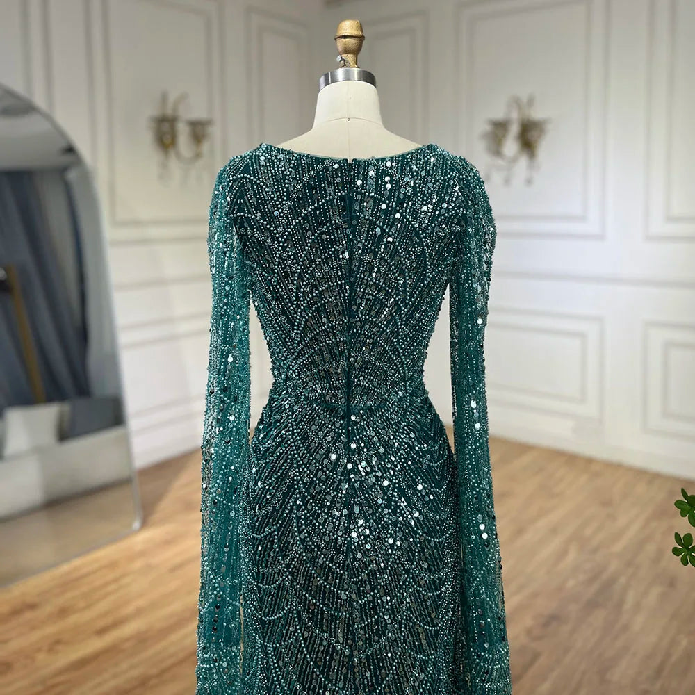 Serene Hill Arabic White Luxury Pearls Beaded Mermaid Cape Sleeves Evening Gowns 2024 For Women Wedding Party LA72160