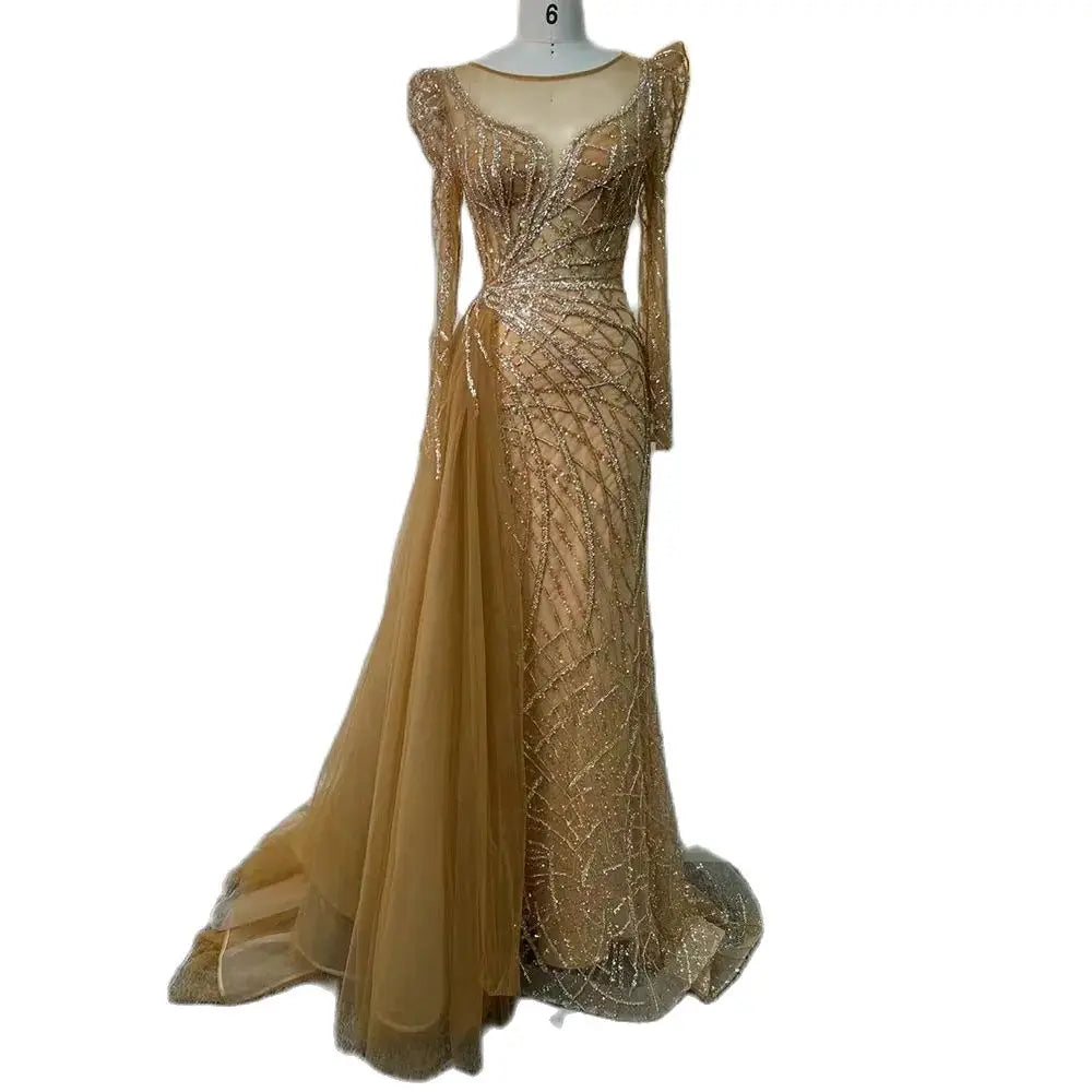 Serene Hill Muslim Gold Mermaid Beaded Luxury Dubai Evening Dresses Gowns With Overskirt 2024 For Women Party LA72206