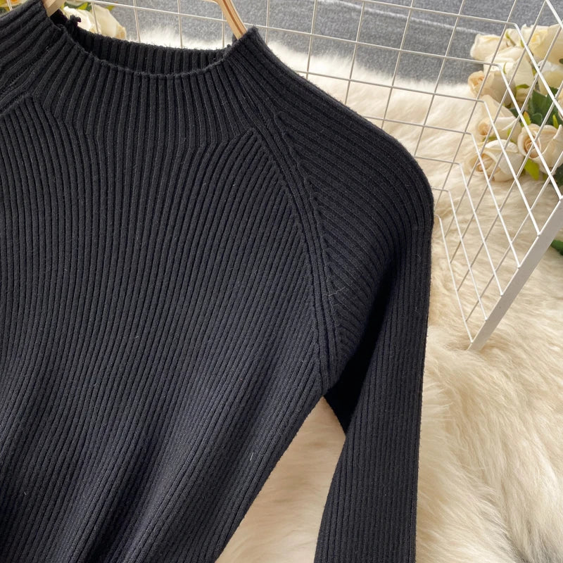 Elegant Chic Pleated Knit Dress French Long Sleeve Party Gothic A-line Vestidos High Waist Basic Slim Women Autumn Winter Dress