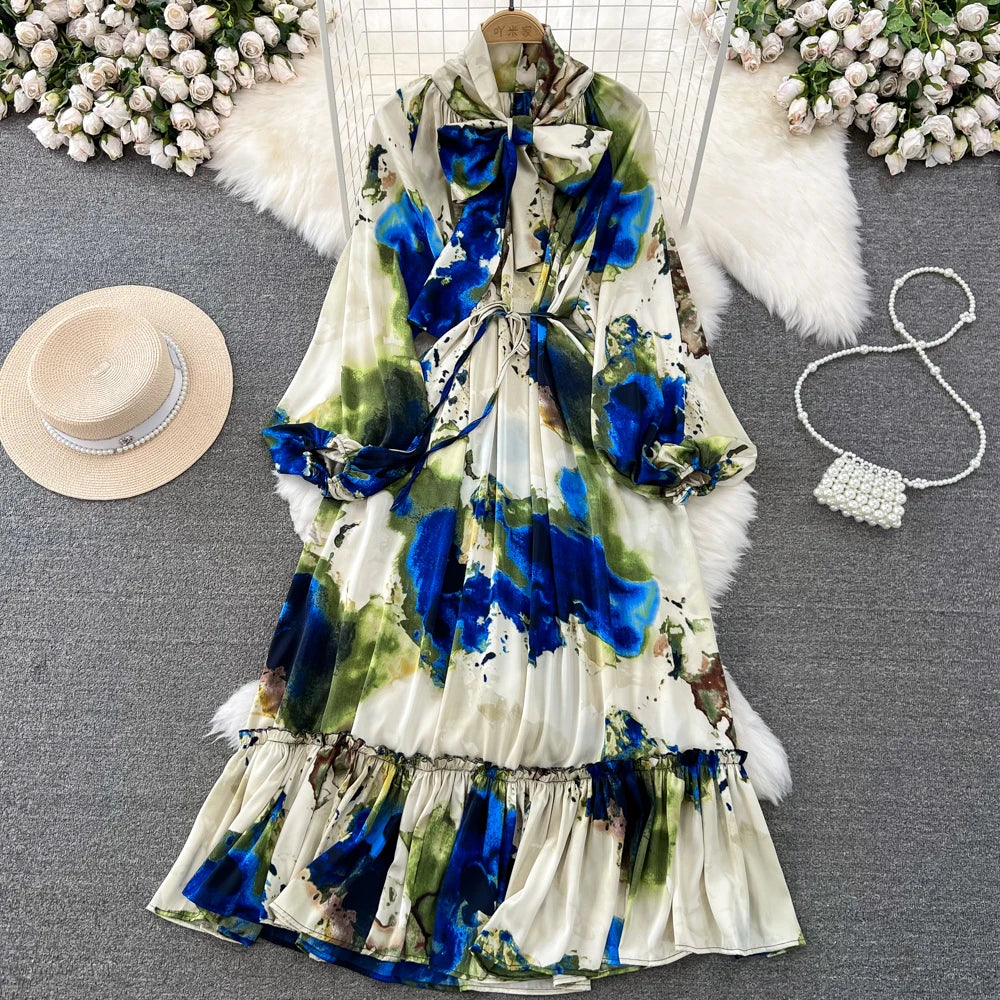 Women Casual A-Line Vintage Floral Long Dress Autumn Elegant Chic Party Boho Maxi Dresses Beach Holiday Female Vestidos New