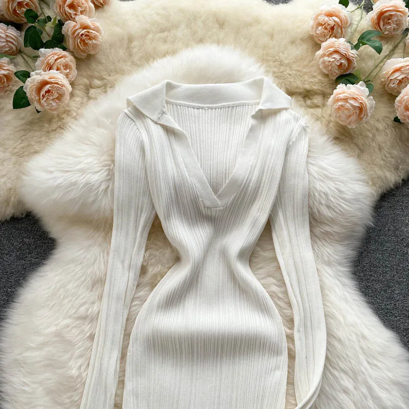 Women Chic Elegant Long Sleeve Split Bodycon Midi Dress Sexy French Fashion Knit Wrap Vestidos Elastic Slim Pencil Sweater Dress