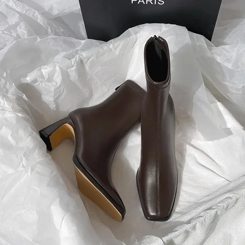 New Women's Ankle Boots Women Winter Black Sexy Square Head Low Heels Footwear Zip Comfy Short Boots White Stretch Tight Boots