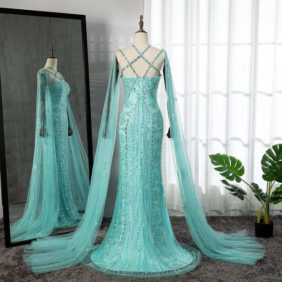 SERENE HILL Arabic Caramel Mermaid Elegant Cape Sleeves Beaded Luxury Evening Dresses 2024 Formal Gown For Women Party GLA71905A