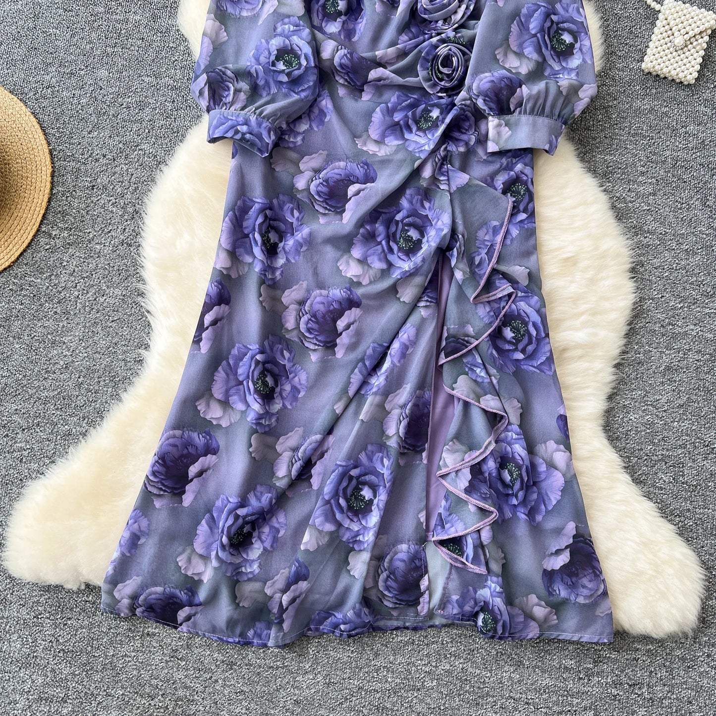 Chic French Sexy Pleated Floral Print Elegant Ruffle Dress Vintage Split Slim High Street Evening Women Autumn Winter Clothing