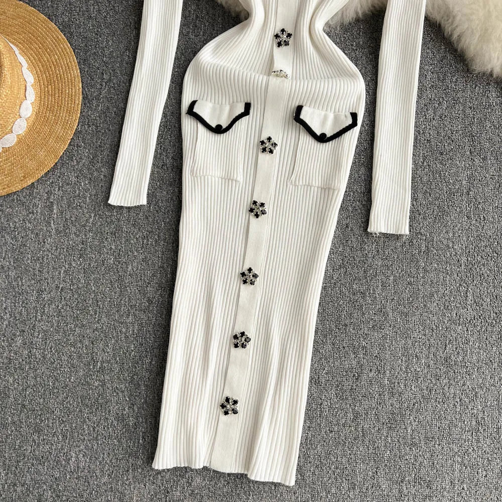 Women Elegant Chic Long Sleeve Sexy Slim Bodycon Dress Vintage Korean Fashion Knit Tight Vestido Autumn Winter Sweater Robe