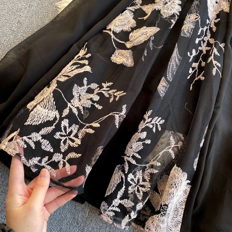 Retro Print Floral Embroidery Elegant Lace Up Dress A-line Long Sleeve Casual O-neck High Waist Dress Women Ceremonial Dress