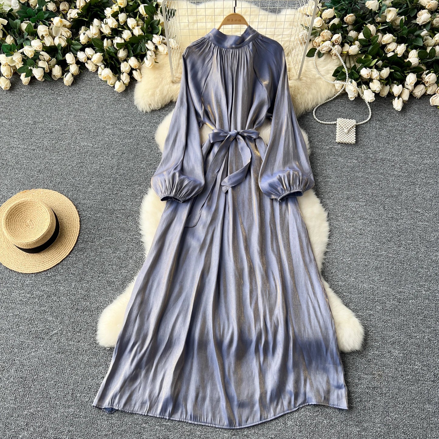 French Vintage Pleated lool sleeve print Lace-up Bow sweet Dress Casual Women Fashion summer dresses
