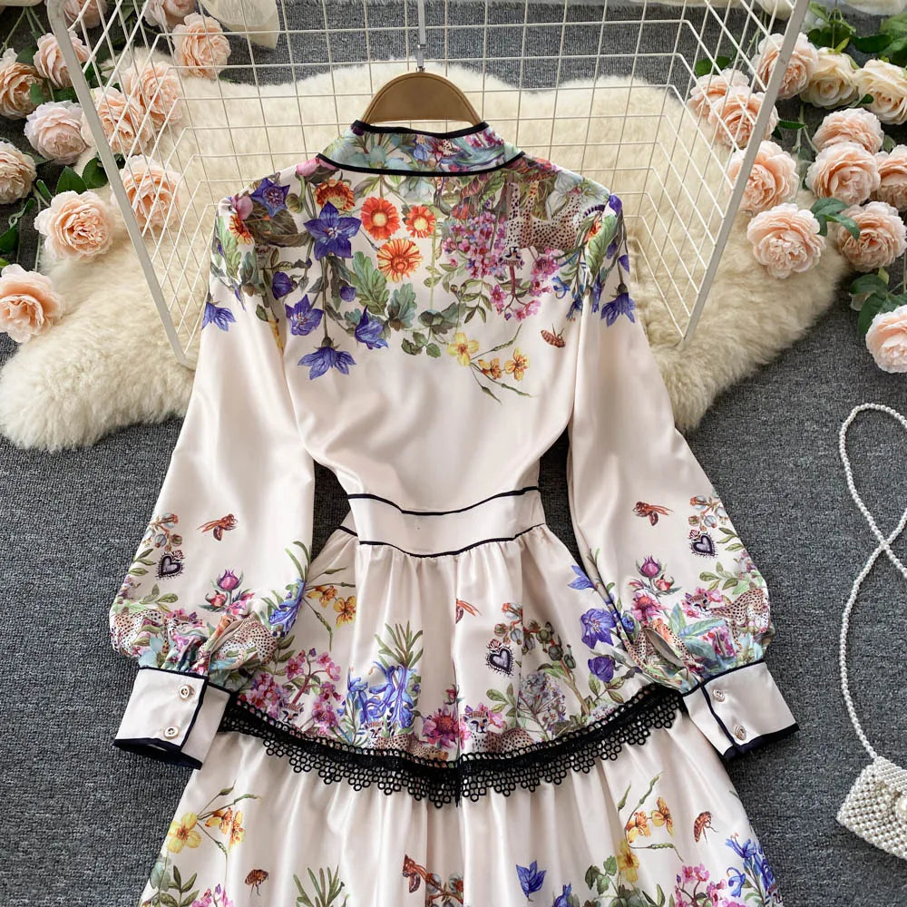 Vintage Elegant Long Dress Women Slim Floral Printed Party Dresses Tie Bow Elastic Waist Lantern Long Sleeve Long Robe Vestidos