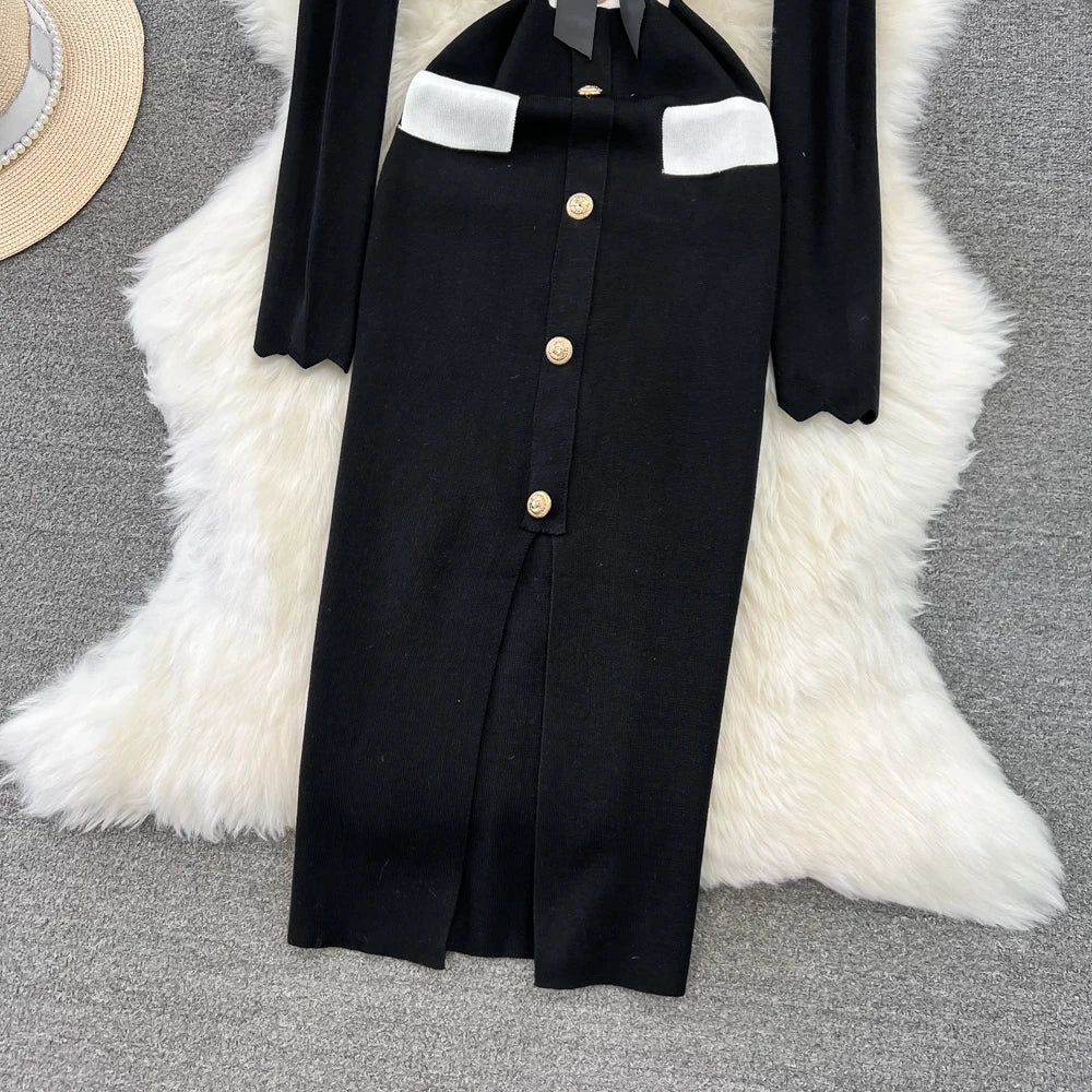 Women Elegant Butterfly Long Sleeve Bodycon V Neck Split Dress Vintage French Slim Knit Tight Vestido Autumn Winter Sweater Robe