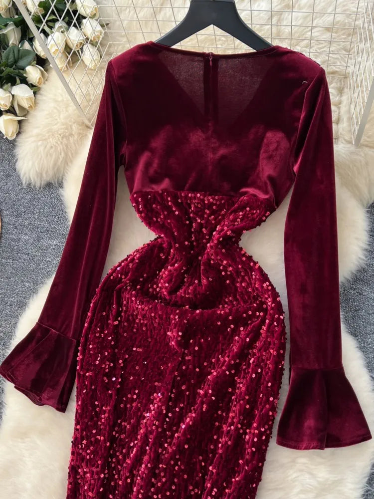 Women's Sexy Velvet Evening Gown Luxury Dresses V-Neck Flare Sleeve Split Long Dress Fashion Slim Robe Birthday Party Autumn New