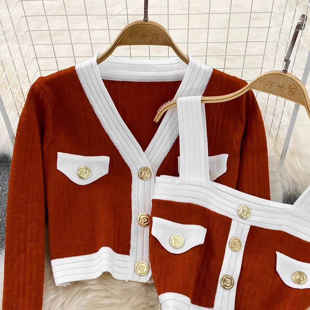Spring Autumn New Trendy Knitted Two Piece Set for Women Vintage Elegant Slim Suits V-neck Short Cardigan+Mini Hip Wrap Dress
