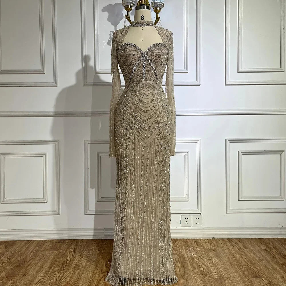 Serene Hill 2024 Luxury Dubai Nude Sweetheart Mermaid Beaded Evening Gowns with Back Slit for Women's Party GLA72560A