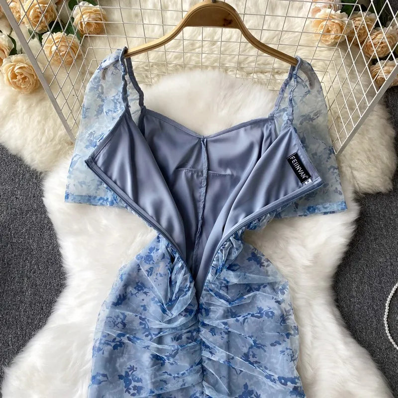 Summer Sexy Vintage Bodycon Women Dress Elegant Solid Print Slim Evening Party Club Prom Dresses Female Mesh Clothes Robe New
