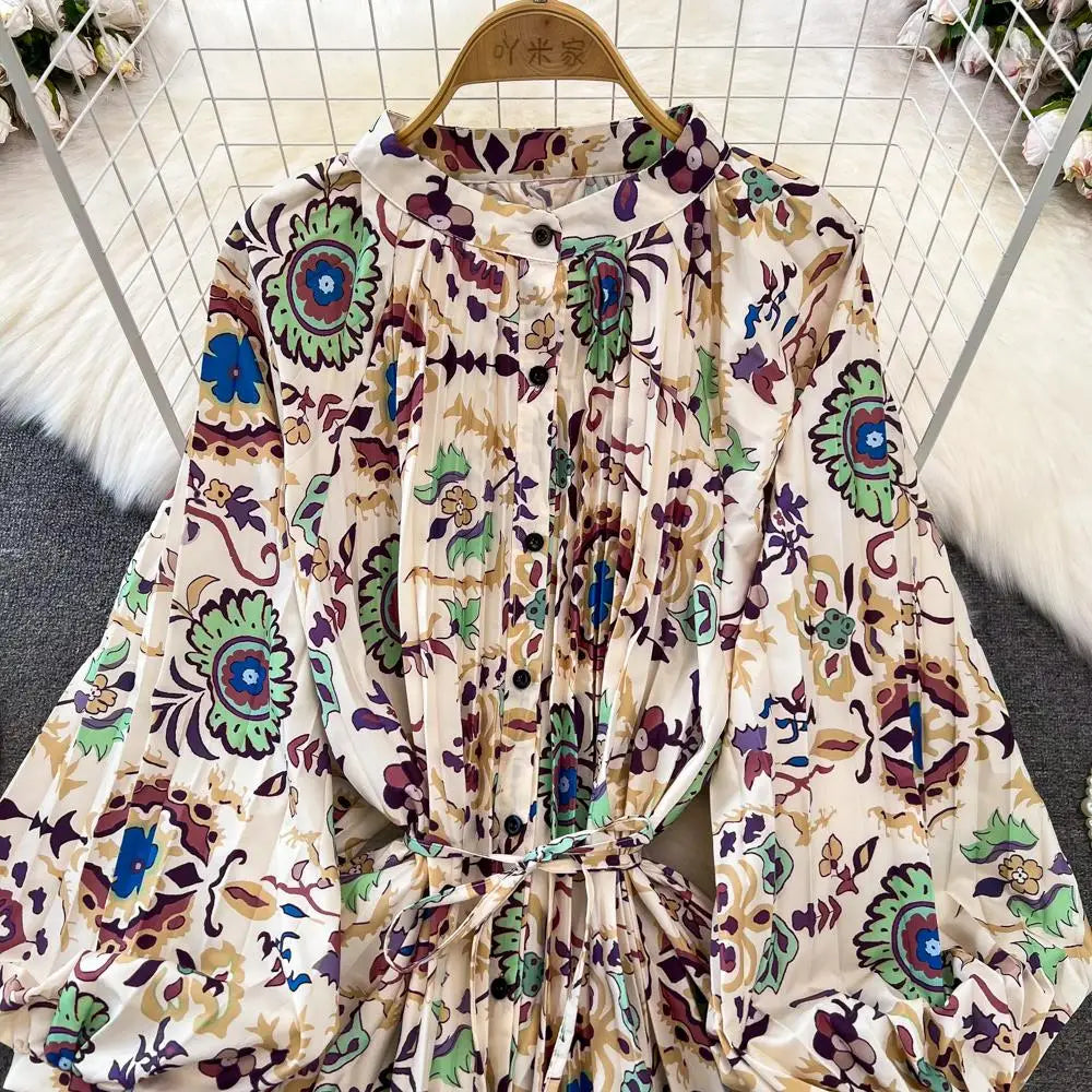 Elegant Women Casual Floral Print Party Dress Vintage Lantern Sleeve A-Line Pleated Prom Birthday Clothes Female Fashion Robe