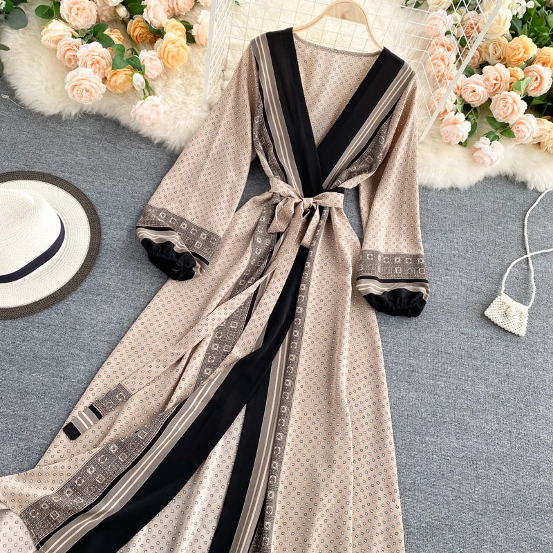 Vintage Print Elegant Puff Sleeve One Piece Dress A-line Lace-up Beach Vacation Midi Dress Women Fashion Spring Autumn Vestidos