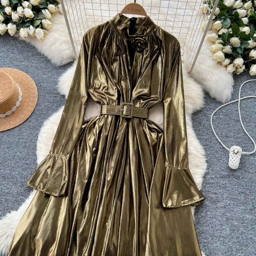 Autumn Vintage Pleated Women Long Dress Elegant Stand Collar Solid A-Line Party Prom Vestidos Female Birthday Clothes Mujers