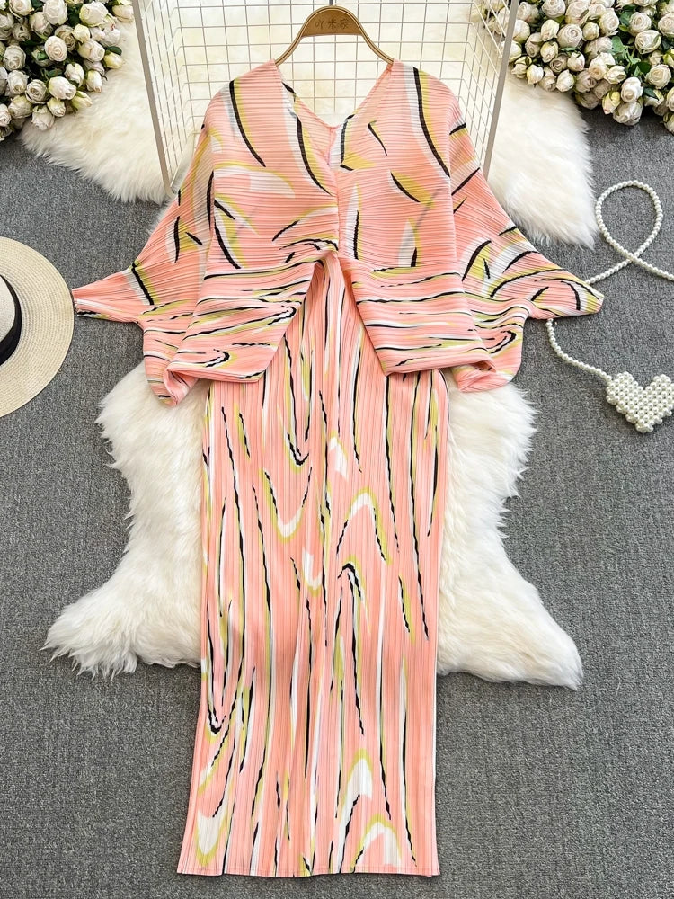 XFPV Women High Waist Printing A-line Pleated Dresses V-Neck Long Sleeved Lightweight Vestidos Spring Summer 2024 SM10792